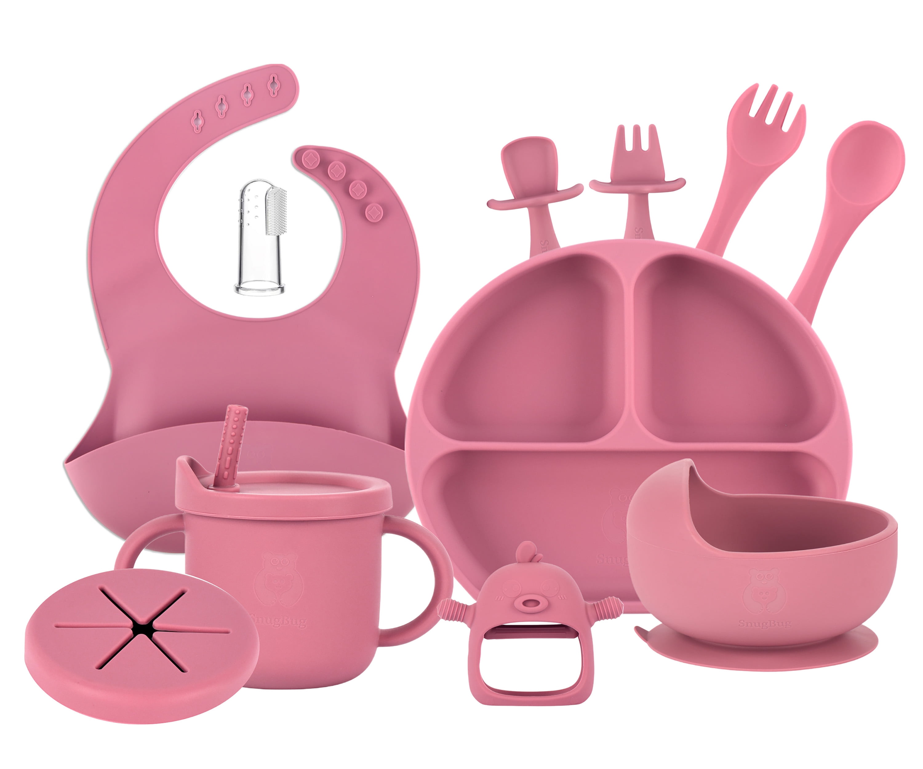 SnugBug 12-Piece Silicone Baby Bib Set with Sippy Cup, Plates, Bowl and Teething Toy