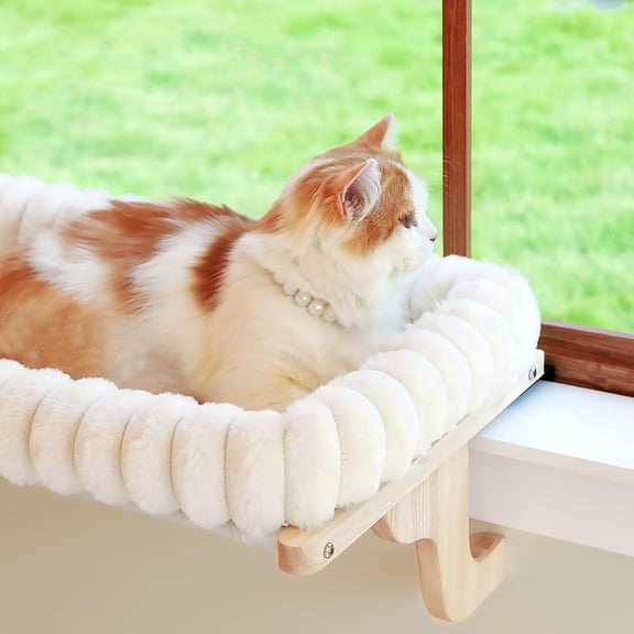 SnugCloud Cat Window Perch with 4-Sided Bolster - Cat Hammock for Window Sill - Solid Hardwood & Metal Frame - Window Seat for Pets (Natural Color Wood w/White Bed)