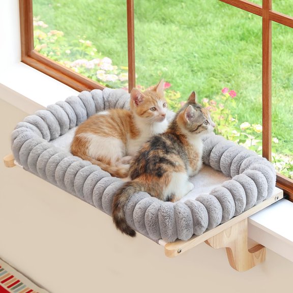 SnugCloud Cat Window Perch with 4-Sided Bolster - Large Cat Hammock for Window Sill - Solid Hardwood & Metal Frame - Window Seat for Pets (Natural Color Wood w/Gray Bed, Large)
