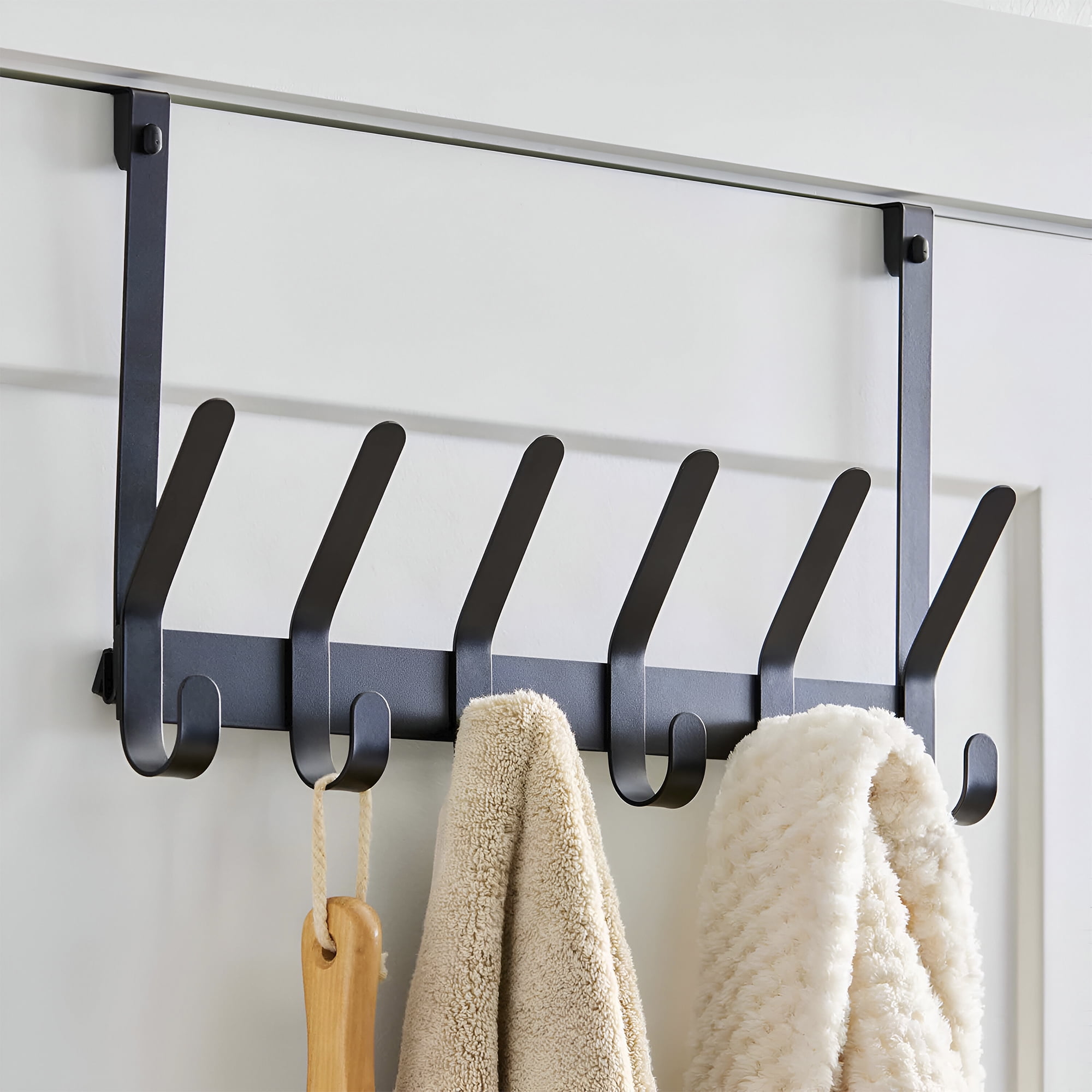 Better Homes & Gardens SnugFit Over-the-Door Hook Rack 6 Double Hooks, Matte Black Steel