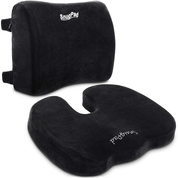 SnugPad Memory Foam Lumbar Pillow and Seat Cushion Combo, Ergonomic, Lower Back and Coccyx Support, Premium Washable Velvet Covers with Non-Slip Bottom, Ideal for Office Chairs and Car Seats (Black)