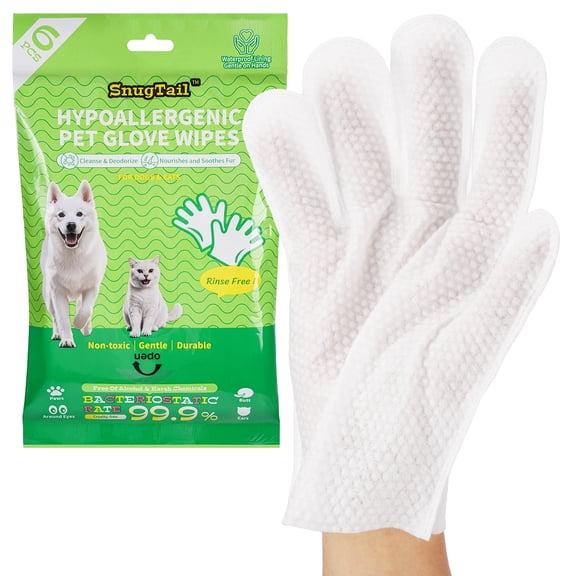 SnugTail Pet Grooming Glove Wipes for Dogs Cats, No-Rinse Waterless Bath Mitts, Shedding & Dander Removal, Deodorizing Paw Cleaner, Daily Travel Use