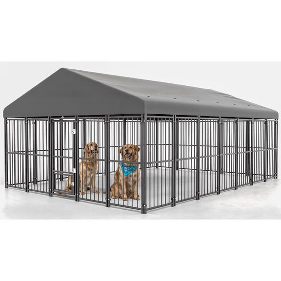 SnugVista 10X14FT Large Dog Kennel Outside with Feeding Door, Heavy Duty Dog Cage with Roof and Double Safety Locks, Outdoor Dog Enclosure for Pets