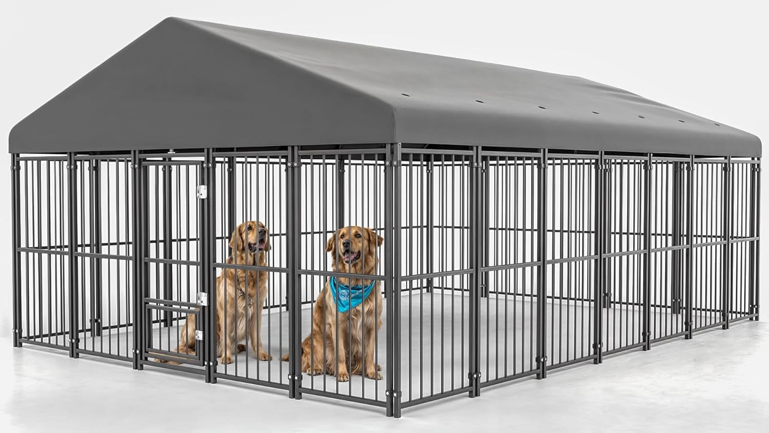 SnugVista 10x14FT Outdoor Dog Kennel, Heavy Duty Dog Run Enclosure with Feeding Door, Large Outside Dog Kennel with Roof & Double Locks for Pets House
