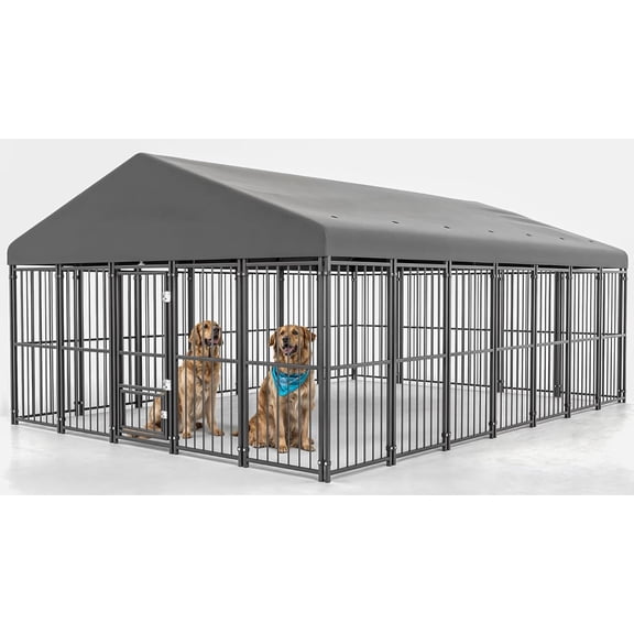 SnugVista 10x14FT Outdoor Dog Kennel, Heavy Duty Dog Run Enclosure with Feeding Door, Large Outside Dog Kennel with Roof & Double Locks for Pets House