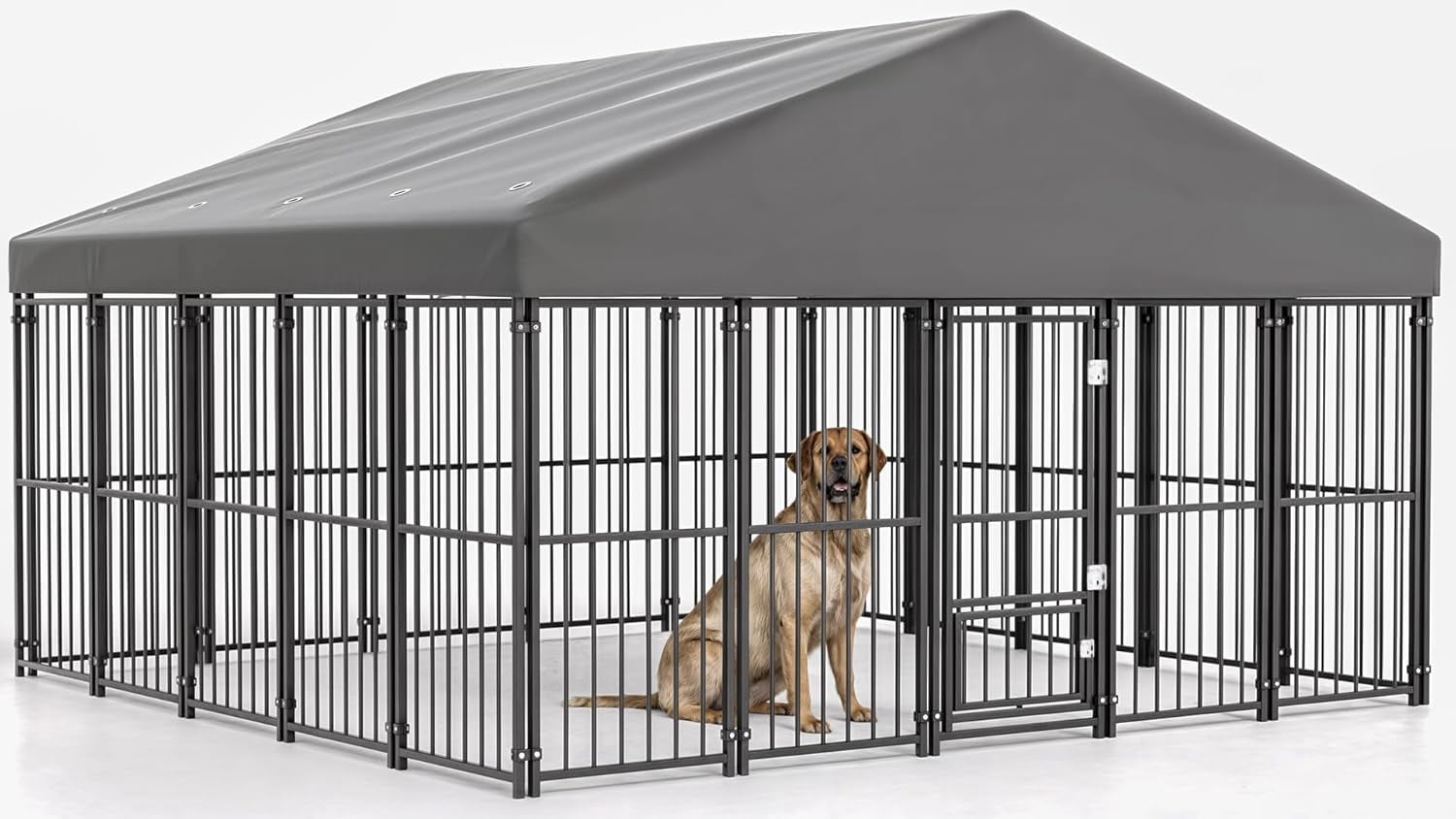 SnugVista 10x10FT Dog Kennel Outdoor, Heavy Duty Large Dog Cage with Gray Roof, Escape-Proof Double Locks & Swivel Feeding Door, Galvanized Metal Dog Run Enclosure for Outside House