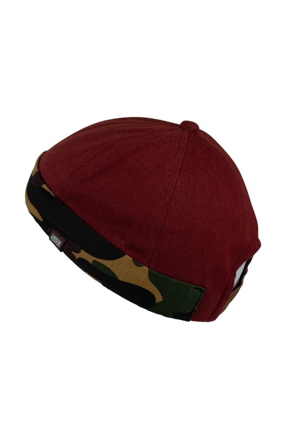 - Brimless Adjustable Docker Hat Beanie | Retro Cotton No Visor Cap (Red with Camo Cuff)
