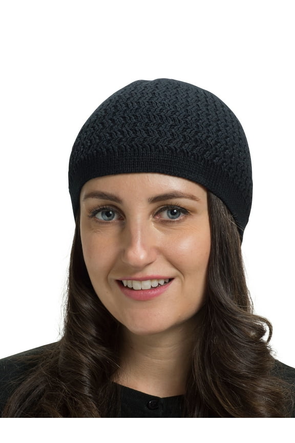 Over-the-Ear Kufi Beanie Cap With Zigzag Knit For Unisex Adult, Black