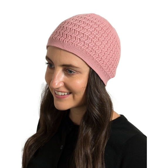 SnugZero Over-the-Ear Kufi Beanie Cap With Zigzag Knit For Unisex Adult, Rose Pink