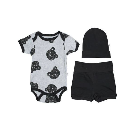 Snugabye 3 Piece Black and Gray Bear Baby Layette - Sleep and Play Outfit - Gift Set