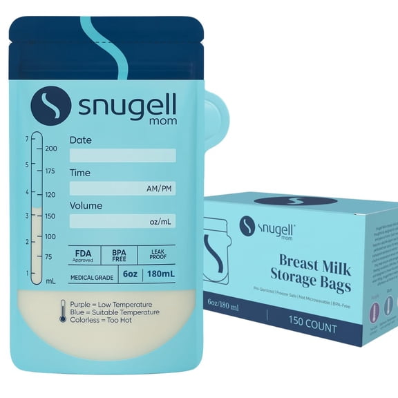 Snugell Breast Milk Storage Bags / 180ml Leak-Proof, BPA Free, Durable & Transparent for Easy Milk Visibility (150 Count)