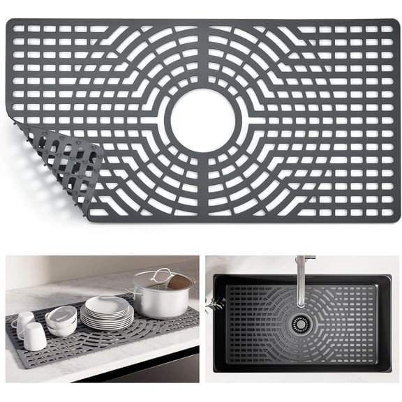 Snuggery Silicone Sink Protector 26"x14" Center Drain Hole, Heat Resistant Non-slip Dishwasher Suitable, Large Mat for Bottom of Farmhouse Kitchen Stainless Steel Sink(Grey)