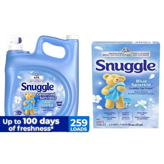 Snuggle Fabric Softener Value Bundle Blue Sparkle Liquid 176 fl oz (259 Loads) & Dryer Sheets 40 Ct Free Shipping