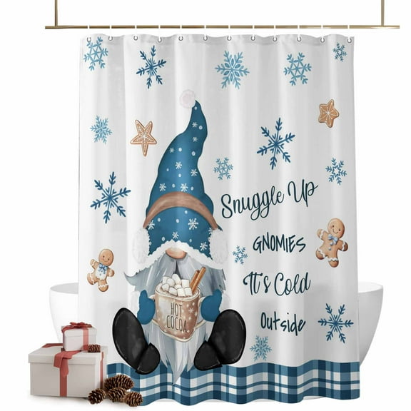 Snuggle Up Gnome Bathroom Shower Curtain Xmas Cute Gnomes Winter Snowflakes Biscuits White Waterproof Washable Shower Curtains for Bathtub Bath Decor with Grommets and Hook 72 X 72 Inch