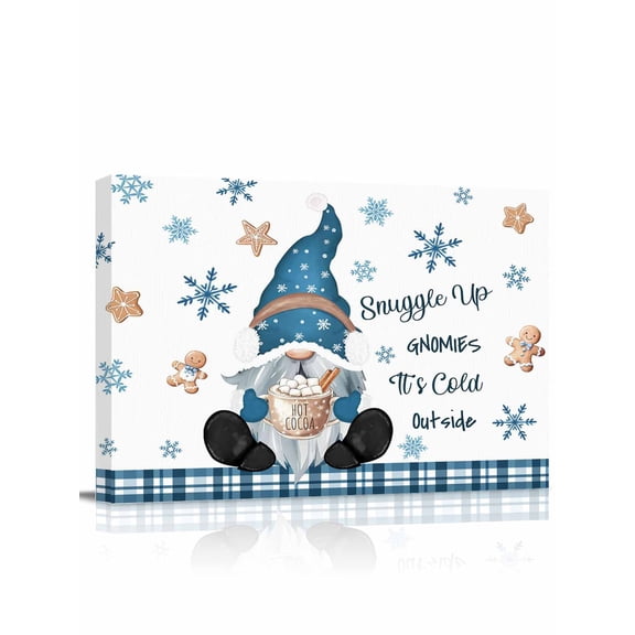 Snuggle Up Gnome Canvas Print Wall Art Framed Canvas Art Wall Decor Xmas Cute Gnomes Winter Snowflakes Biscuits White Pictures Painting Morden Artwork for Living Room Bedroom, Ready to Hang - 12"x16"