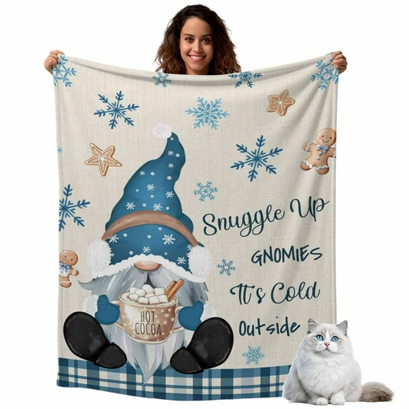 Snuggle Up Gnome Flannel Blanket for Bed,Travel and Camping, Xmas Cute Gnomes Winter Snowflakes Biscuits Linen Texture Super Soft Cozy Blanket for All Seasons 30"x40"