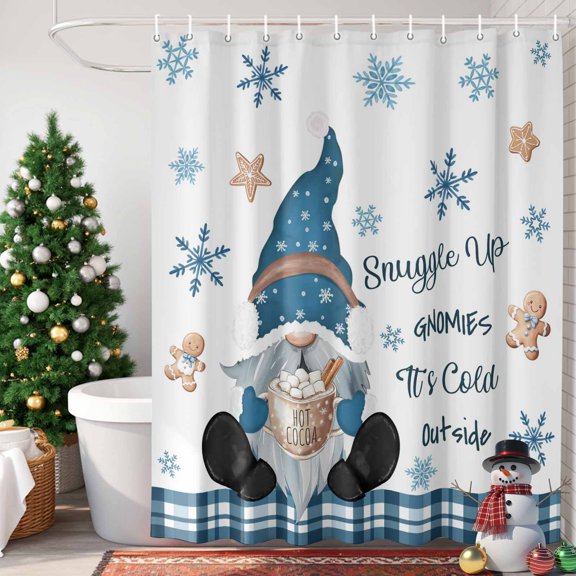 Snuggle Up Gnome Shower Curtain, 36" x 72", Xmas Cute Gnomes Winter Snowflakes Biscuits White Waterproof Bathroom Curtain Washable Shower Curtain Set with 12 Hooks
