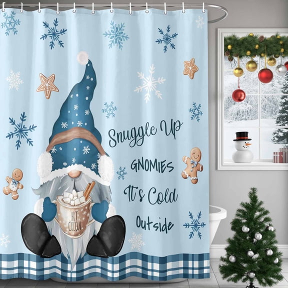 Snuggle Up Gnome Shower Curtains for Bathroom, Xmas Cute Gnomes Winter Snowflakes Biscuits Blue Plaid Waterproof Fabric Shower Curtain for Bathroom Bathtub Decoration, Machine Washable, 36"x72"