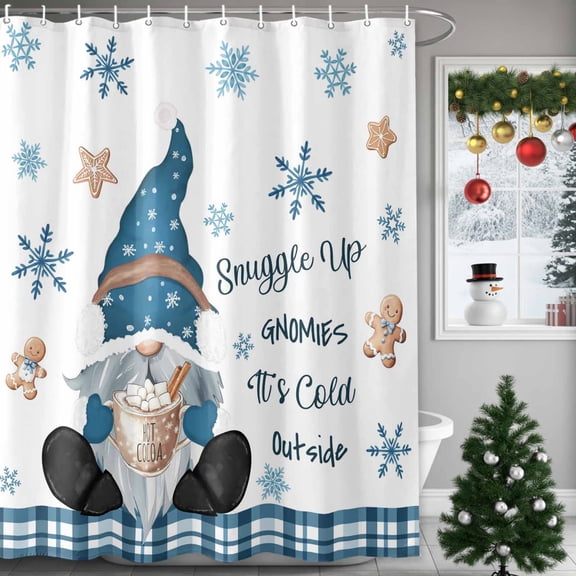 Snuggle Up Gnome Shower Curtains for Bathroom, Xmas Cute Gnomes Winter Snowflakes Biscuits White Waterproof Fabric Shower Curtain for Bathroom Bathtub Decoration, Machine Washable, 36"x72"