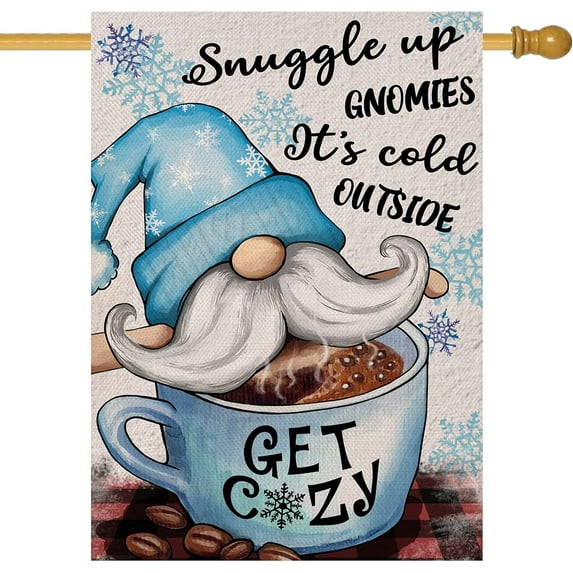 Snuggle Up Gnomies Winter Home Decorative House Flag, Gnome Garden Yard Coffee Cup Snowflake Outside Decor, Christmas Farmhouse Outdoor Large Burlap Double Sided 28x40