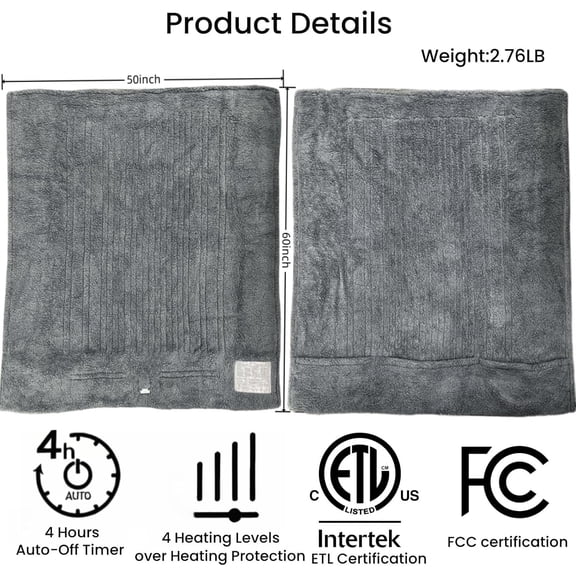 Snuggle Heated Blanket Throw with Foot Pockets for Cold Feet, Electric Lap Blanket with 4 Heating Levels, Auto Shut-Off, Machine Washable, ETL & FCC Certified, for Women(Grey)