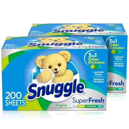 Snuggle Plus SuperFresh Fabric Softener Dryer Sheets with Static Control and Odor Eliminating Technology, Original, 200 Count, 2 Boxes, 400 Total Sheets