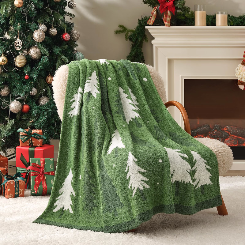 Snuggle Sac Christmas Throw Blanket, Soft Fuzzy Microfiber Knit with Christmas Tree Pattern for Couch and Bed, Green, 50 x 60 Inches