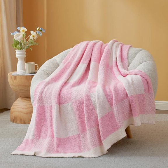 Snuggle Sac Checkered Blanket, Beige Throw Blanket for Couch Plaid Microfiber Fluffy Warm Cozy Fuzzy Soft Throw Blanket Reversible Checkerered Blankets for Sofa, Chair, Bed, 50x60 inches