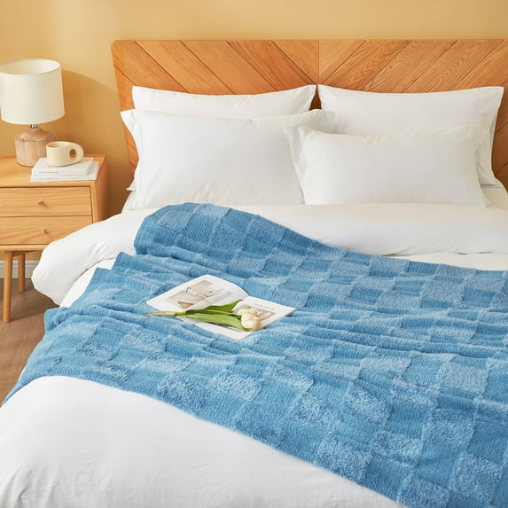 Snuggle Sac Faux Fur Checkered Throw Blanket, Fluffy Feather Yarn Blend Bedding Blankets for Couch or Bed