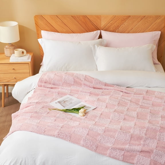 Snuggle Sac Faux Fur Checkered Throw Blanket, Fluffy Feather Yarn Blend Bedding Blankets for Couch or Bed