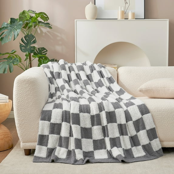 Snuggle Sac Faux Fur Checkered Throw Blanket, Fluffy Feather Yarn Blend Bedding Blankets for Couch or Bed