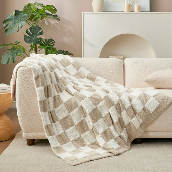 Snuggle Sac Faux Fur Checkered Throw Blanket, Fluffy Feather Yarn Blend Bedding Blankets for Couch or Bed