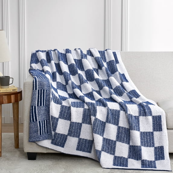 Snuggle Sac Reversible Checkered Throw Blanket Soft Plaid Bed Blanket Textured Striped Throw,Blue,60*80"