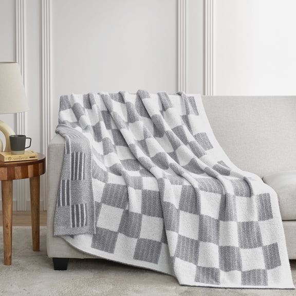 Snuggle Sac Reversible Checkered Throw Blanket Soft Plaid Bed Blanket Textured Striped Throw,Gray,60*80"