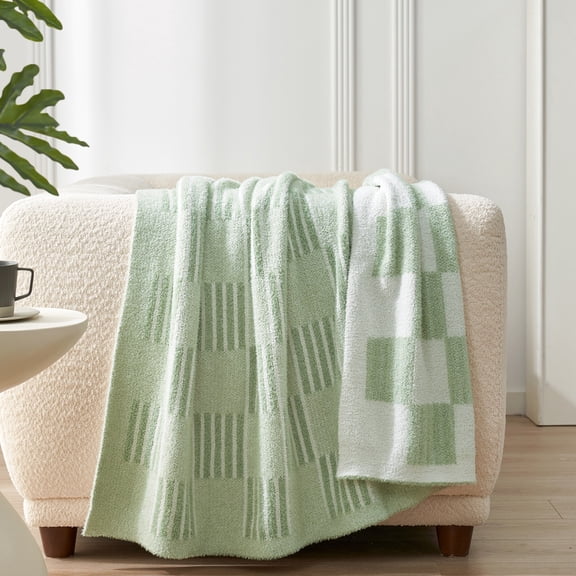 Snuggle Sac Reversible Checkered Throw Blanket Soft Plaid Bed Blanket Textured Striped Throw,Green,50*60"