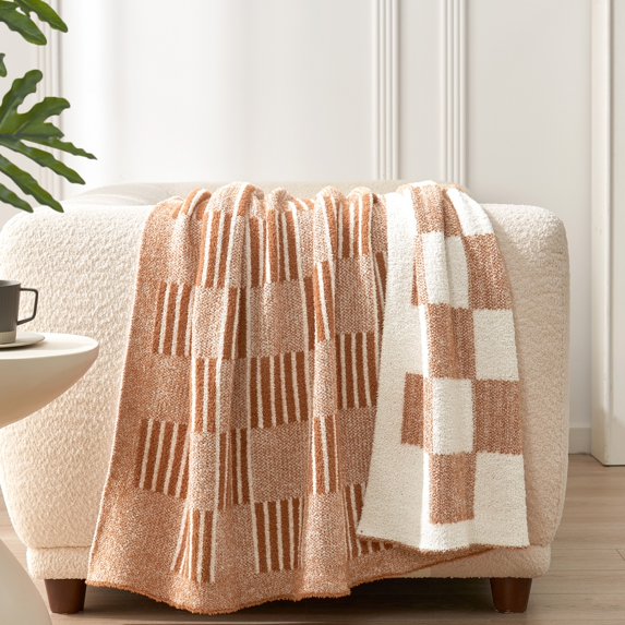 Snuggle Sac Reversible Checkered Throw Blanket Soft Plaid Bed Blanket Textured Striped Throw,Orange,50*60"