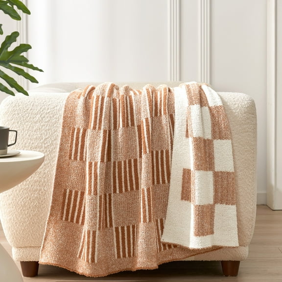 Snuggle Sac Reversible Checkered Throw Blanket Soft Plaid Bed Blanket Textured Striped Throw,Orange,60*80"
