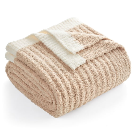 Snuggle Sac Reversible Ribbed Throw Blanket Fuzzy Knit Blanket for All Season, Beige, 50*60"