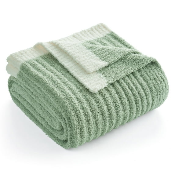 Snuggle Sac Reversible Ribbed Throw Blanket Fuzzy Knit Blanket for All Season, Green, 50*60"