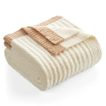 Snuggle Sac Reversible Ribbed Throw Blanket Fuzzy Knit Blanket for All Season, Ivory, 50*60"