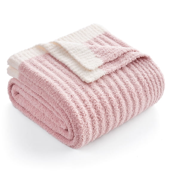 Snuggle Sac Reversible Ribbed Throw Blanket Fuzzy Knit Blanket for All Season, Pink, 50*60"