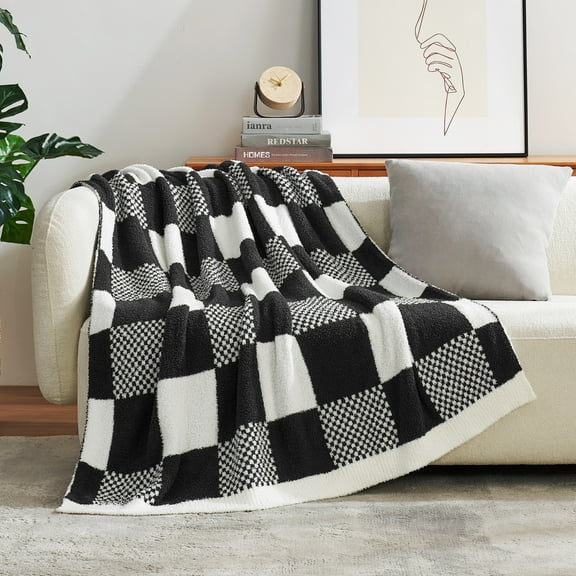 Snuggle Sac Soft Checkered Throw Blanket,Reversible Cozy Plaid Throw,Black,50*60"