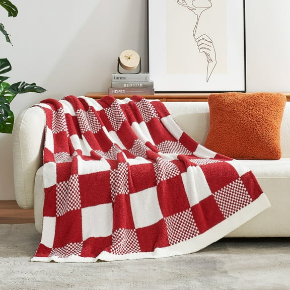 Snuggle Sac Soft Checkered Throw Blanket,Reversible Cozy Plaid Throw,Red,60*80"