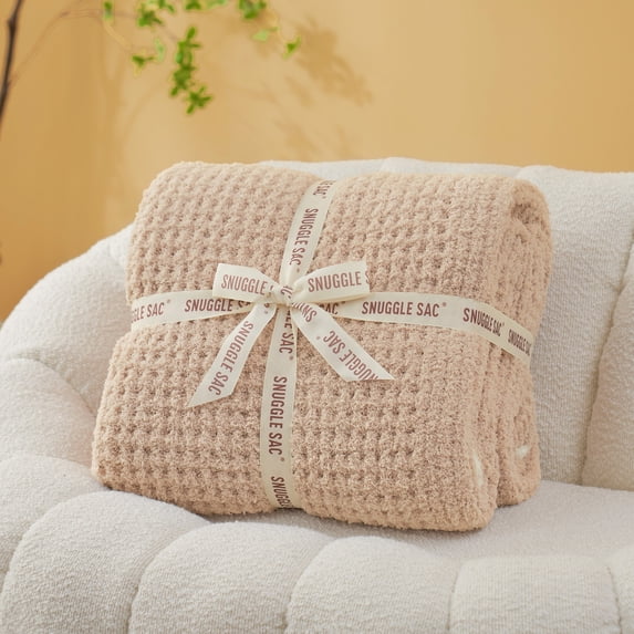Snuggle Sac Waffle Knit Throw Blanket Reversible Textured Blanket Fuzzy Microfiber Throw,Beige,60*80"