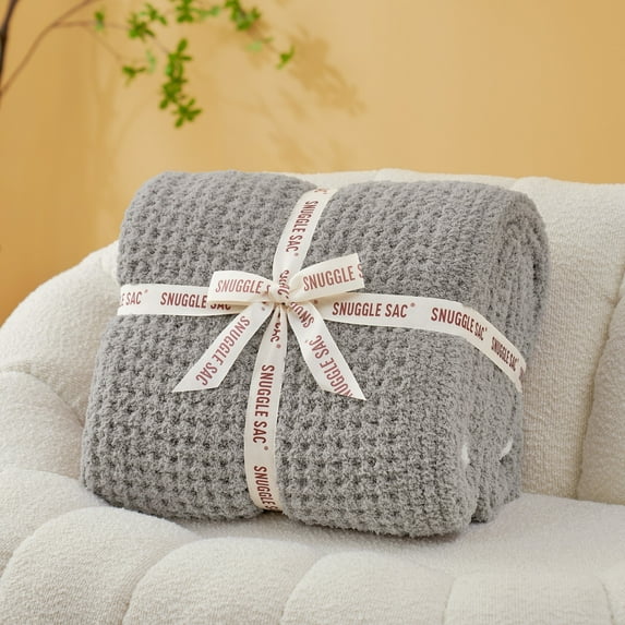Snuggle Sac Waffle Knit Throw Blanket Reversible Textured Blanket Fuzzy Microfiber Throw,Gray,50*60"