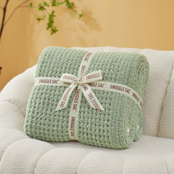 Snuggle Sac Waffle Knit Throw Blanket Reversible Textured Blanket Fuzzy Microfiber Throw,Green,50*60"