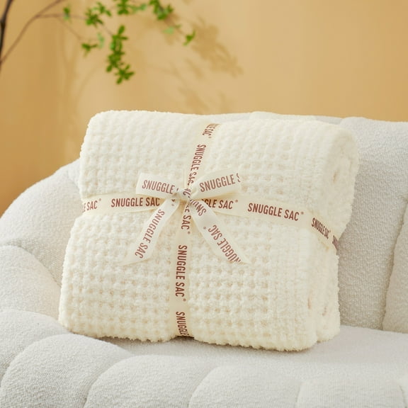 Snuggle Sac Waffle Knit Throw Blanket Reversible Textured Blanket Fuzzy Microfiber Throw,Ivory,50*60"