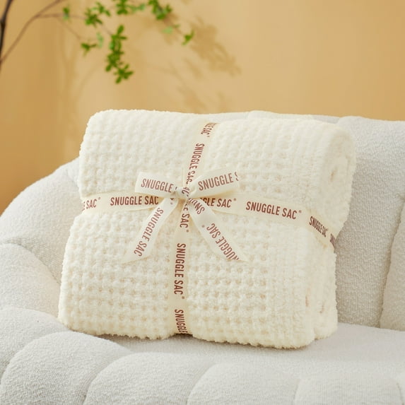 Snuggle Sac Waffle Knit Throw Blanket Reversible Textured Blanket Fuzzy Microfiber Throw,Ivory,50*60"