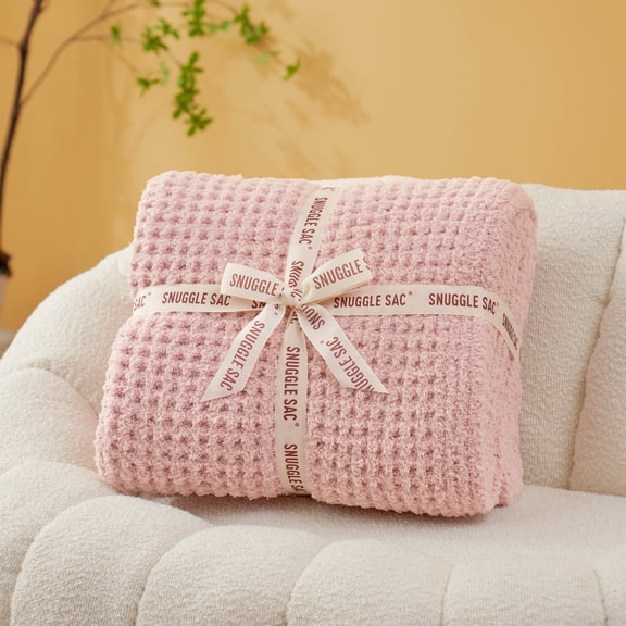 Snuggle Sac Waffle Knit Throw Blanket Reversible Textured Blanket Fuzzy Microfiber Throw,Pink,50*60"