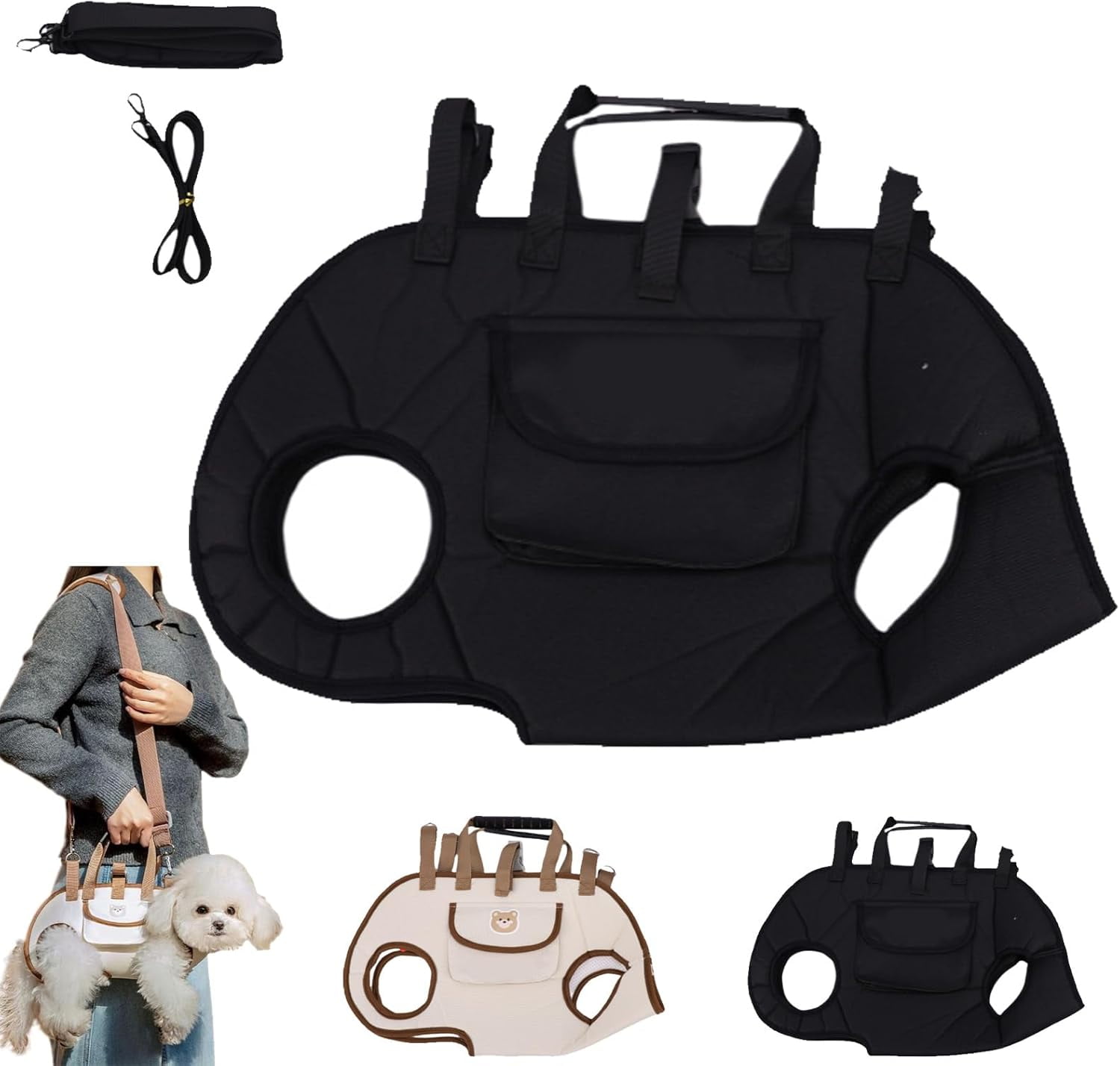 Snuggle Sling Dog Carrier, Dog Full Body Lift Harness for Small Dogs, Hands Free Shoulder Yorkie Carrie, Adjustable Leash with Small Puppy Treat Bag, for Dogs of Different Weights (Black,L)